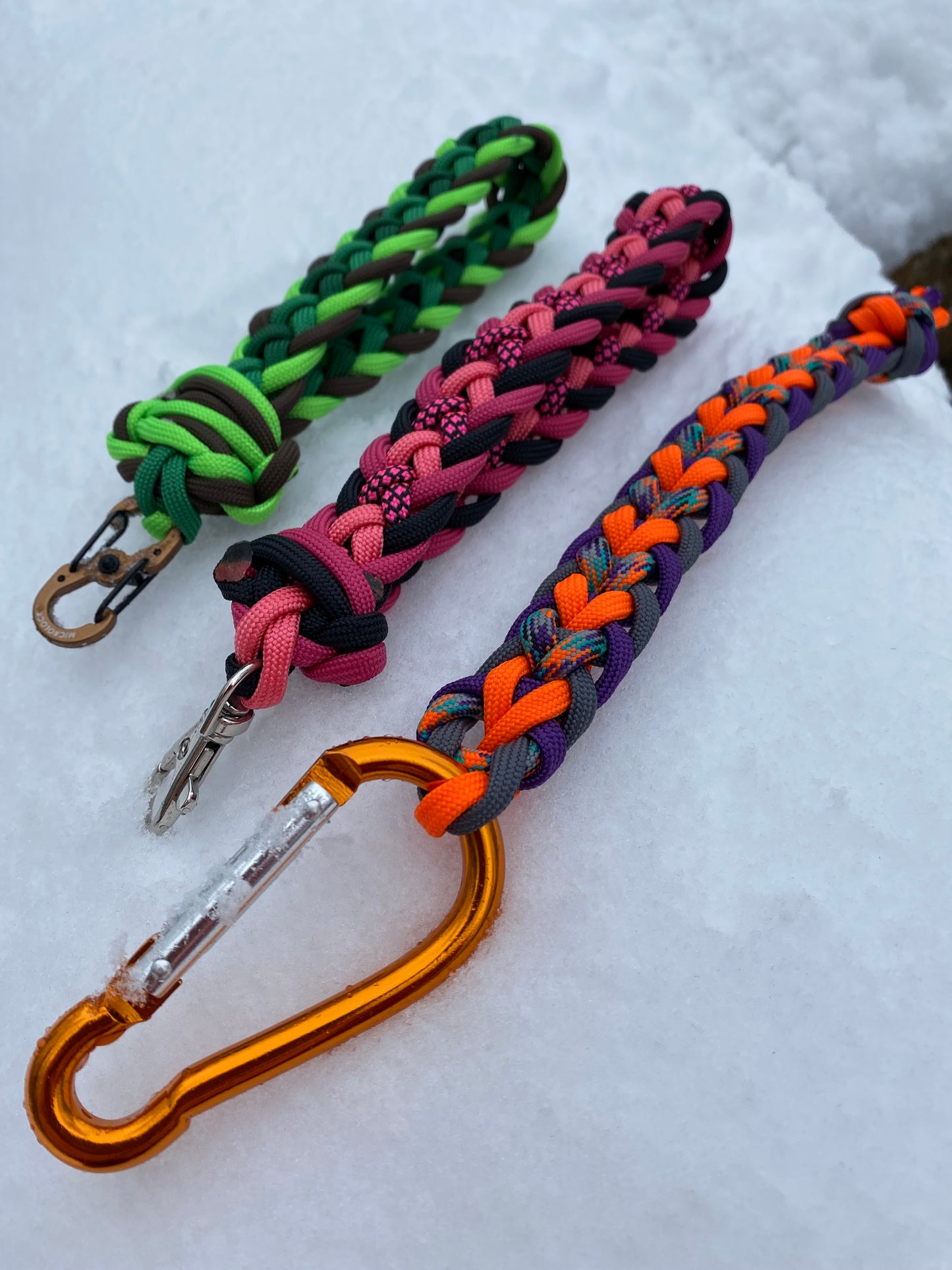 three Japanese flat braid key chains in different colors
