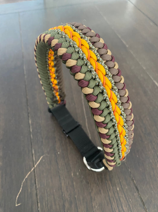 a fancy stitched modified sanctified dog collar made in brown, tan, burgundy, OD green, and airforce gold 550, 275 camo cord, and orange microcord