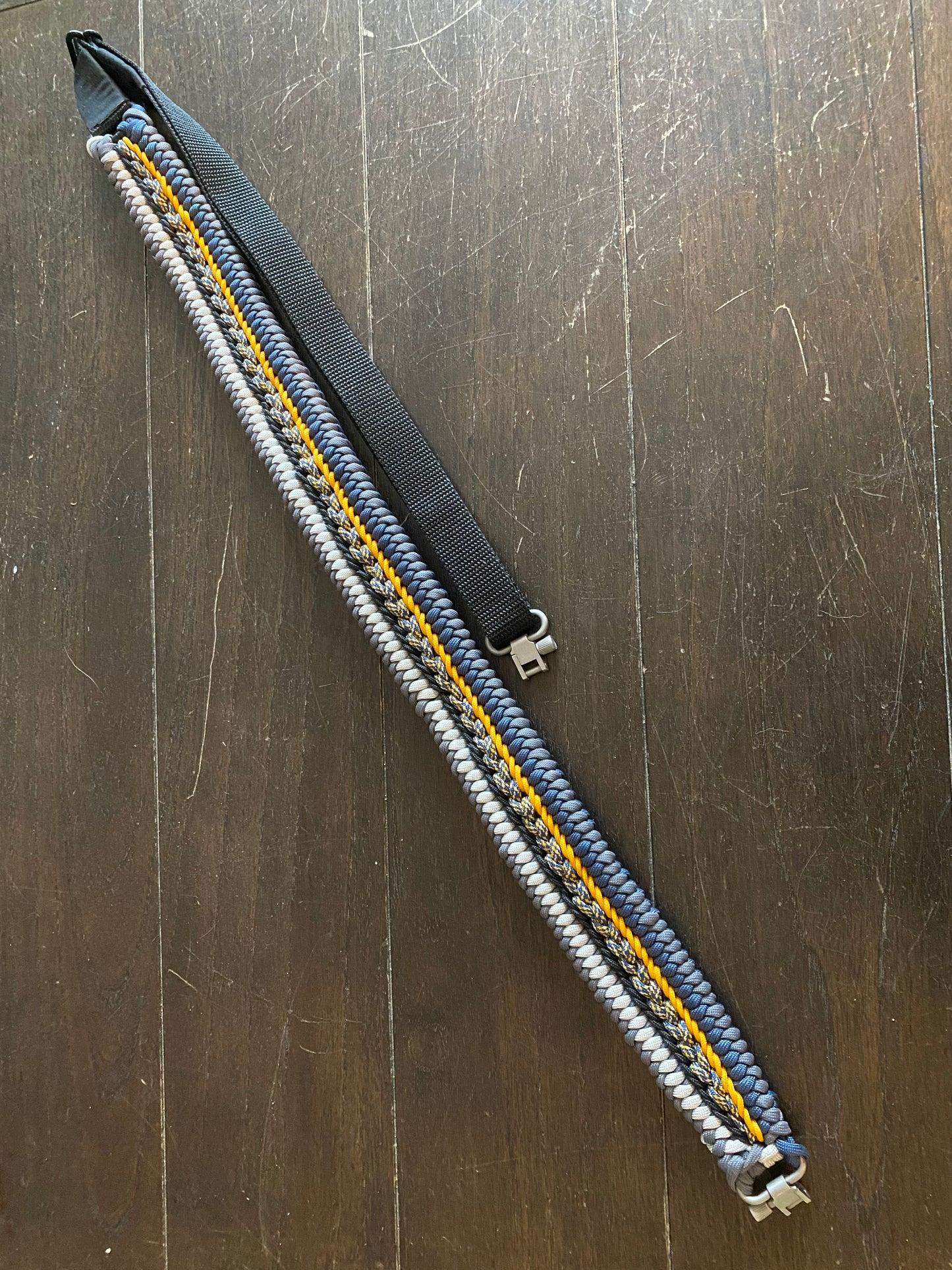 a fancy rifle sling crafted in the modified sanctified weave in Michigan colors