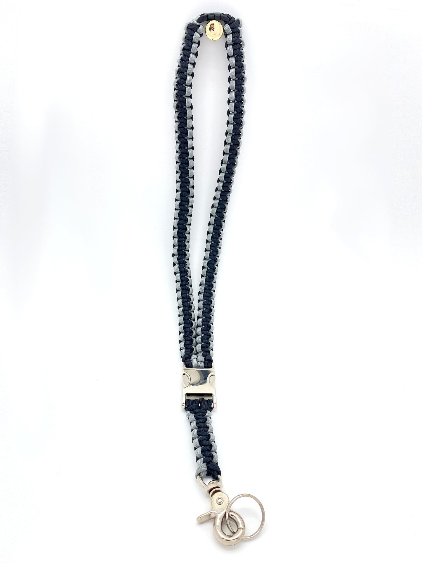 Premade Paracord Cobra Lanyard, Silver Hardware, Grey and Black