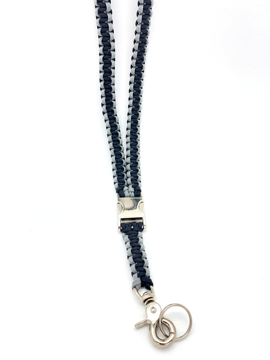Premade Paracord Cobra Lanyard, Silver Hardware, Grey and Black