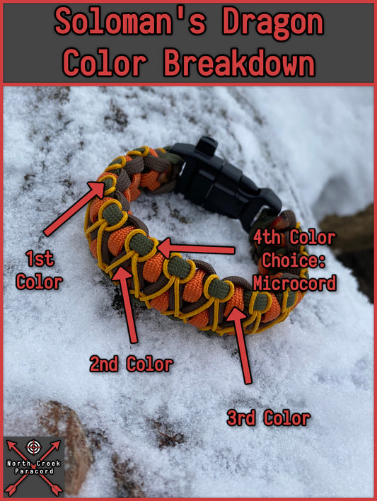 an infographic showing the customer how their color choices will appear on a custom ordered Soloman's Dragon paracord item