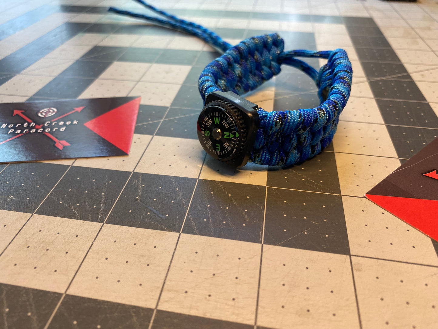 an adjustable bracelet crafted with blue shaded 550 paracord