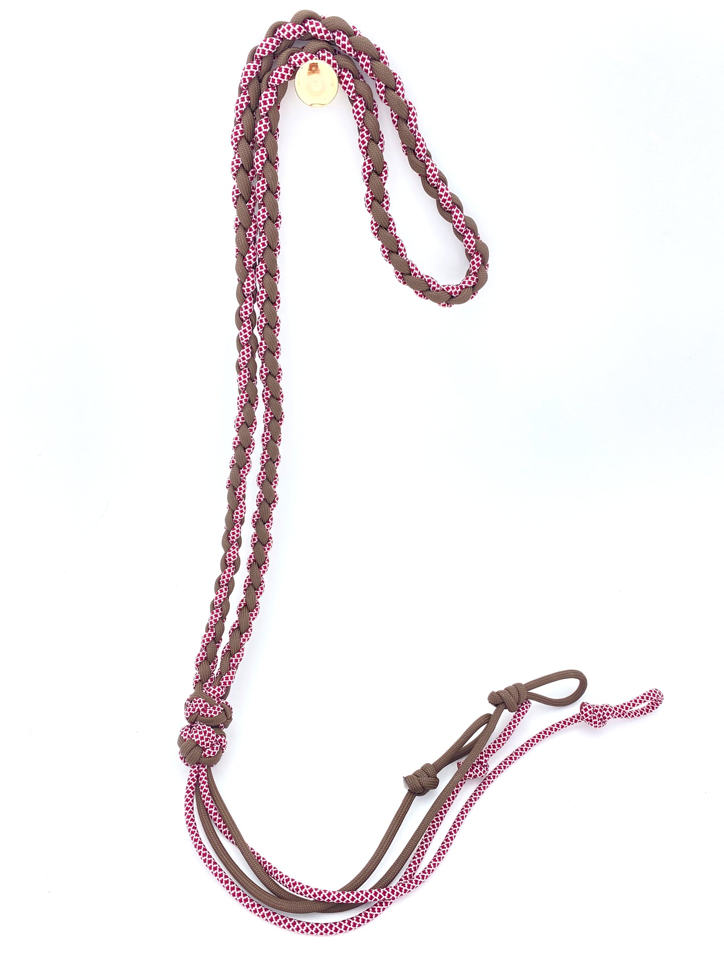 a 4 strand round braid game call lanyard made in red-and-cream-diamond- and brown 550 paracord