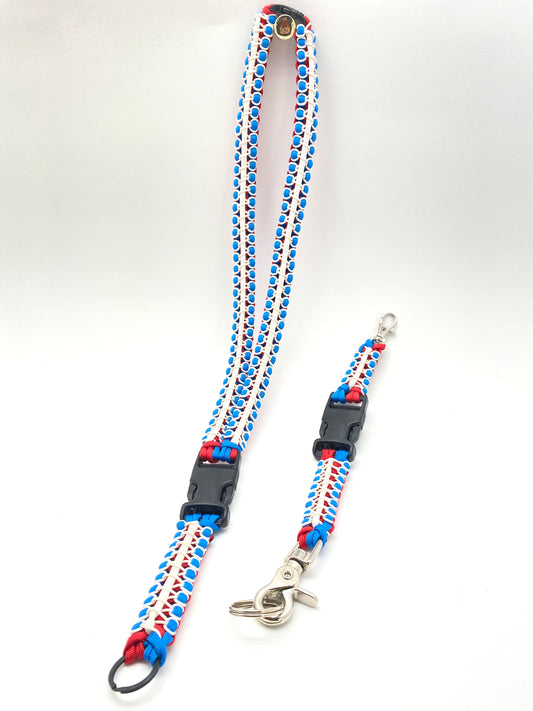 Premade Paracord Cobra Lanyard, Red, White, Blue, with Lanyard Buddy