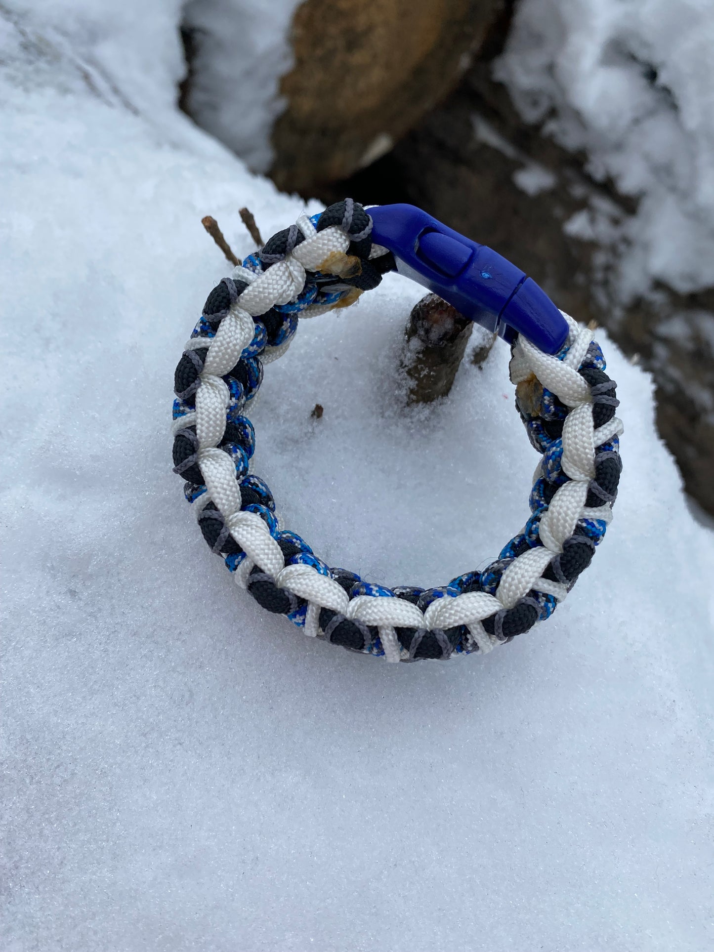Premade Bracelet, Interwoven Soloman's Dragon Weave, Black, White, Blue