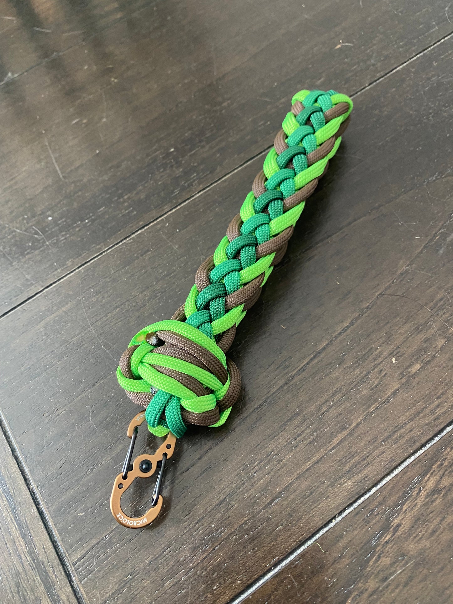 Paracord Wristlet, Kara Yatsu Weave, Emerald, Green, Neon Green, Brown