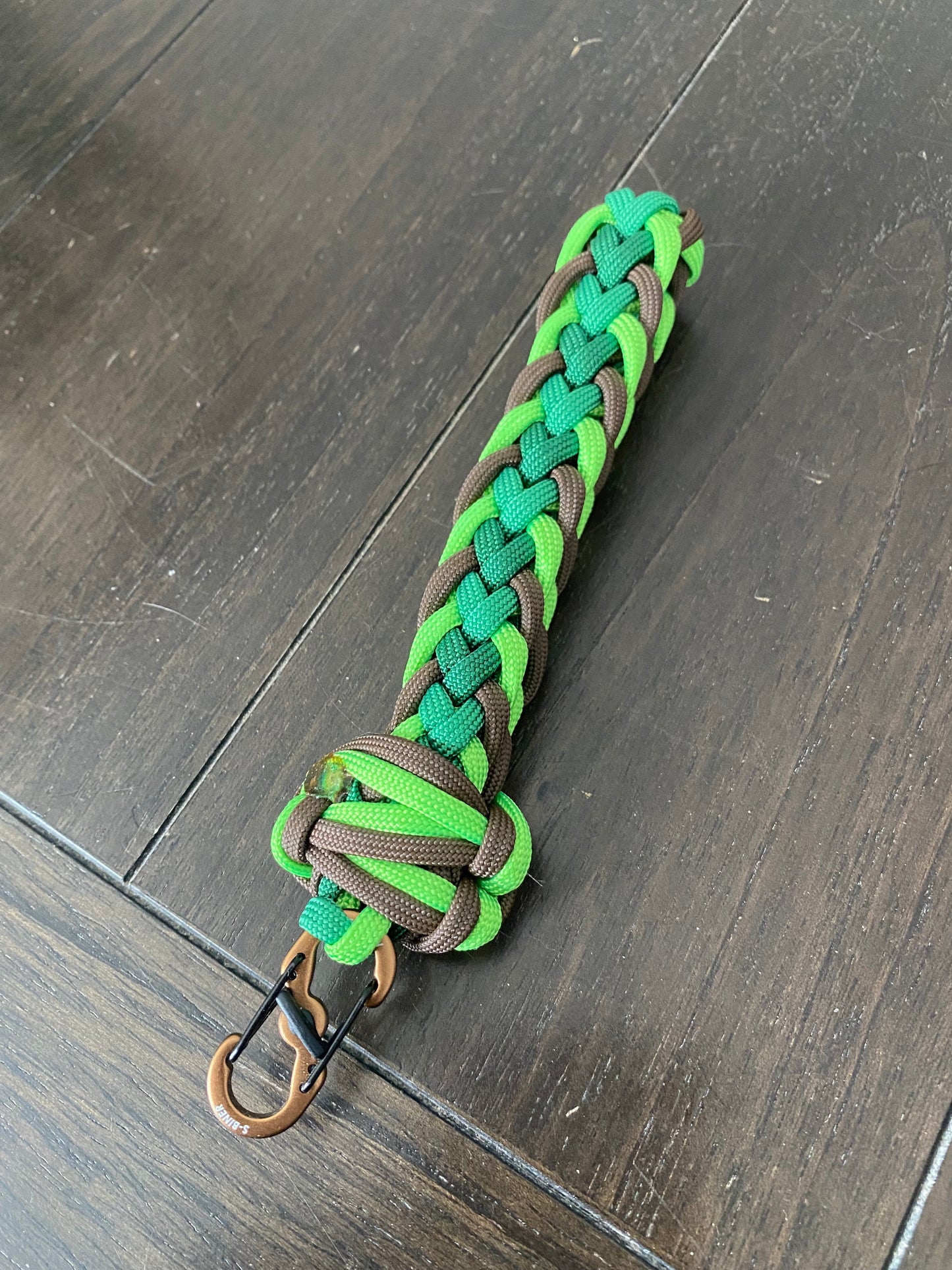 Paracord Wristlet, Kara Yatsu Weave, Emerald, Green, Neon Green, Brown