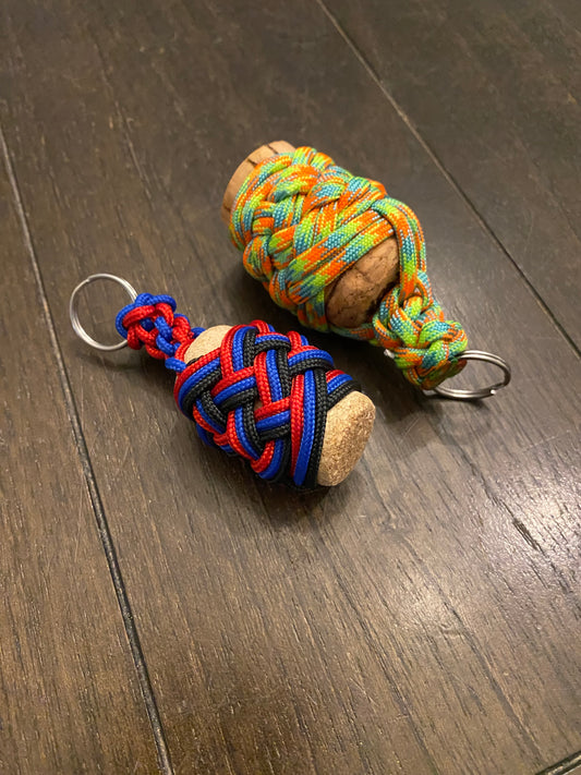 two floating keychains crafted with different forms of cord; you can use these to take your keys out on the boat without fear of dropping them in the water.