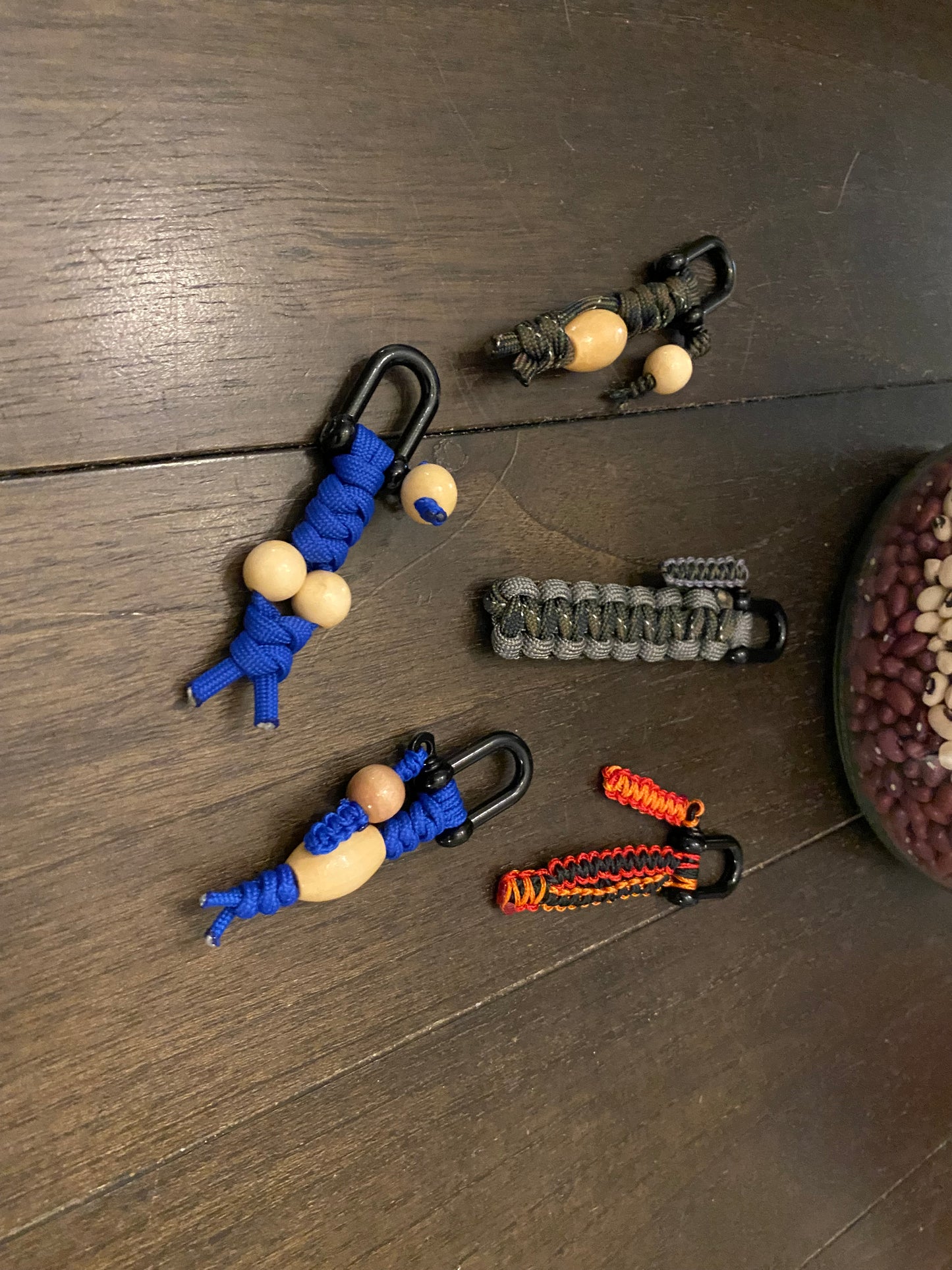 key chains crafted with various sizes of cord using U-shackles.
