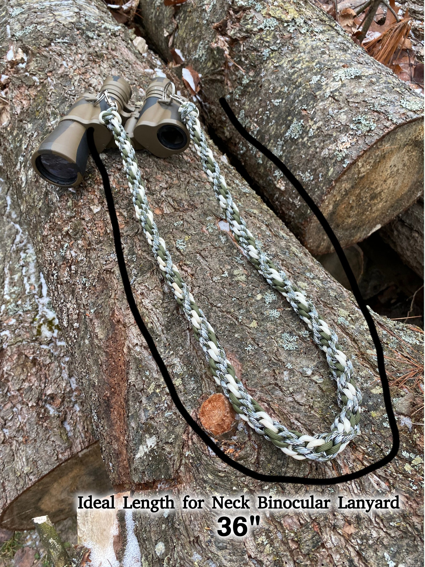 an infographic depicting the lengths of a binocular lanyard when worn around the neck.