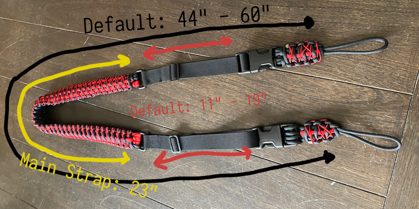 an infographic showing the measurements of a North Creek Paracord hunting bow sling.