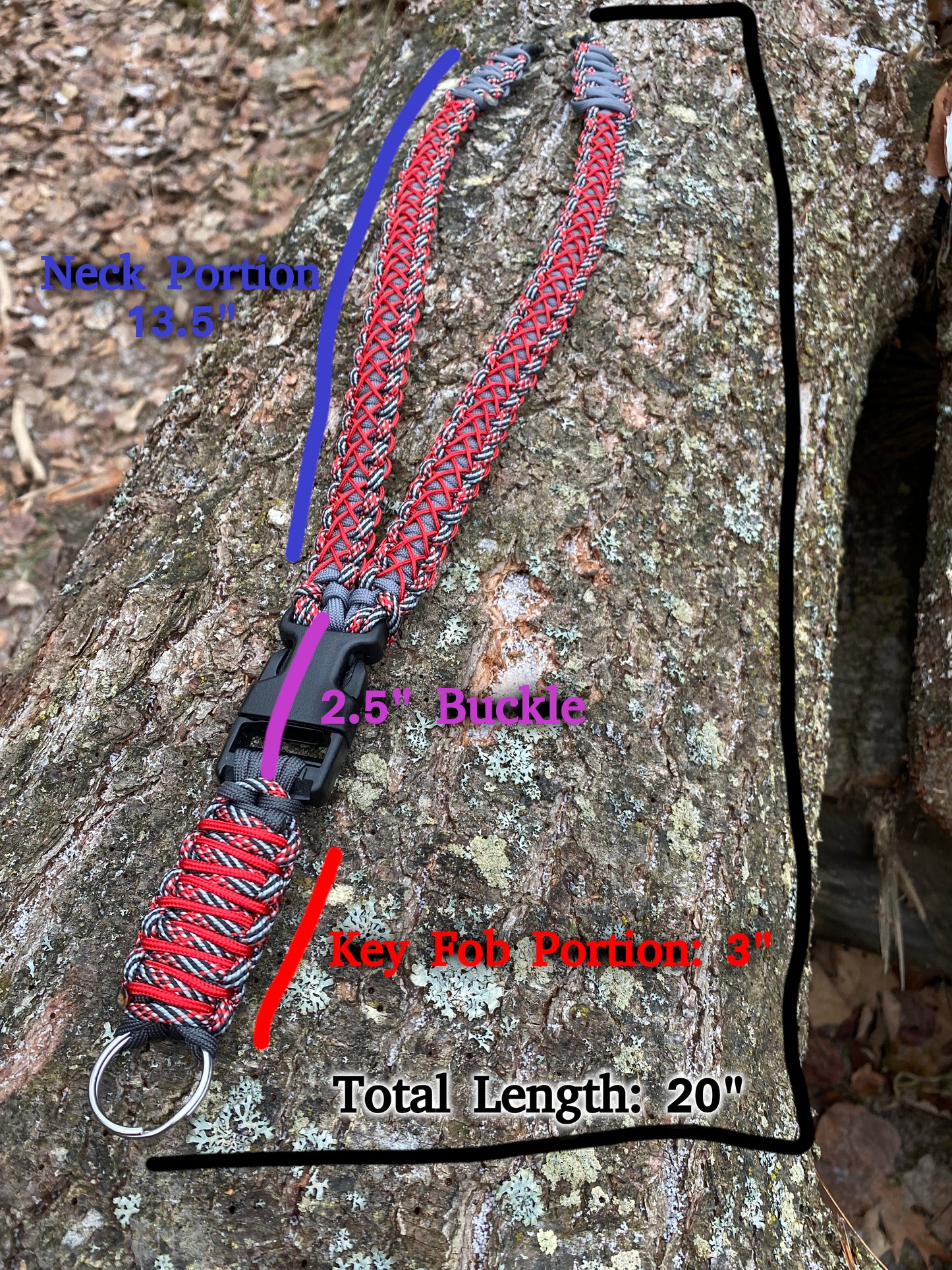 an infographic depicting the lengths of a general paracord lanyard.