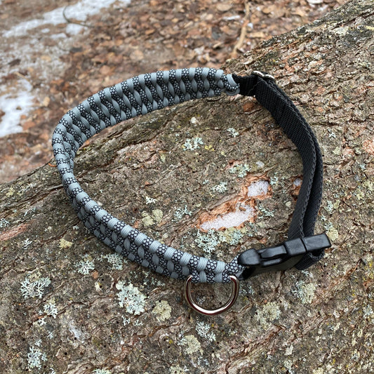 an adjustable trilobite dog collar made with grey and black-with-gray diamond 550 paracord and black hardware and webbing.