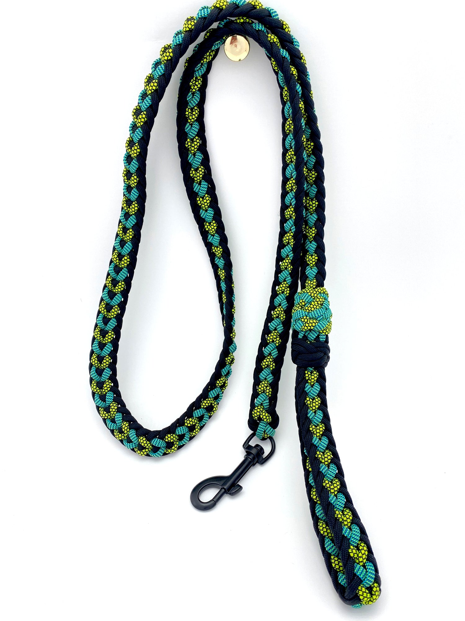 a snap hook dog leash made out of 550 paracord in white, various grays and blues