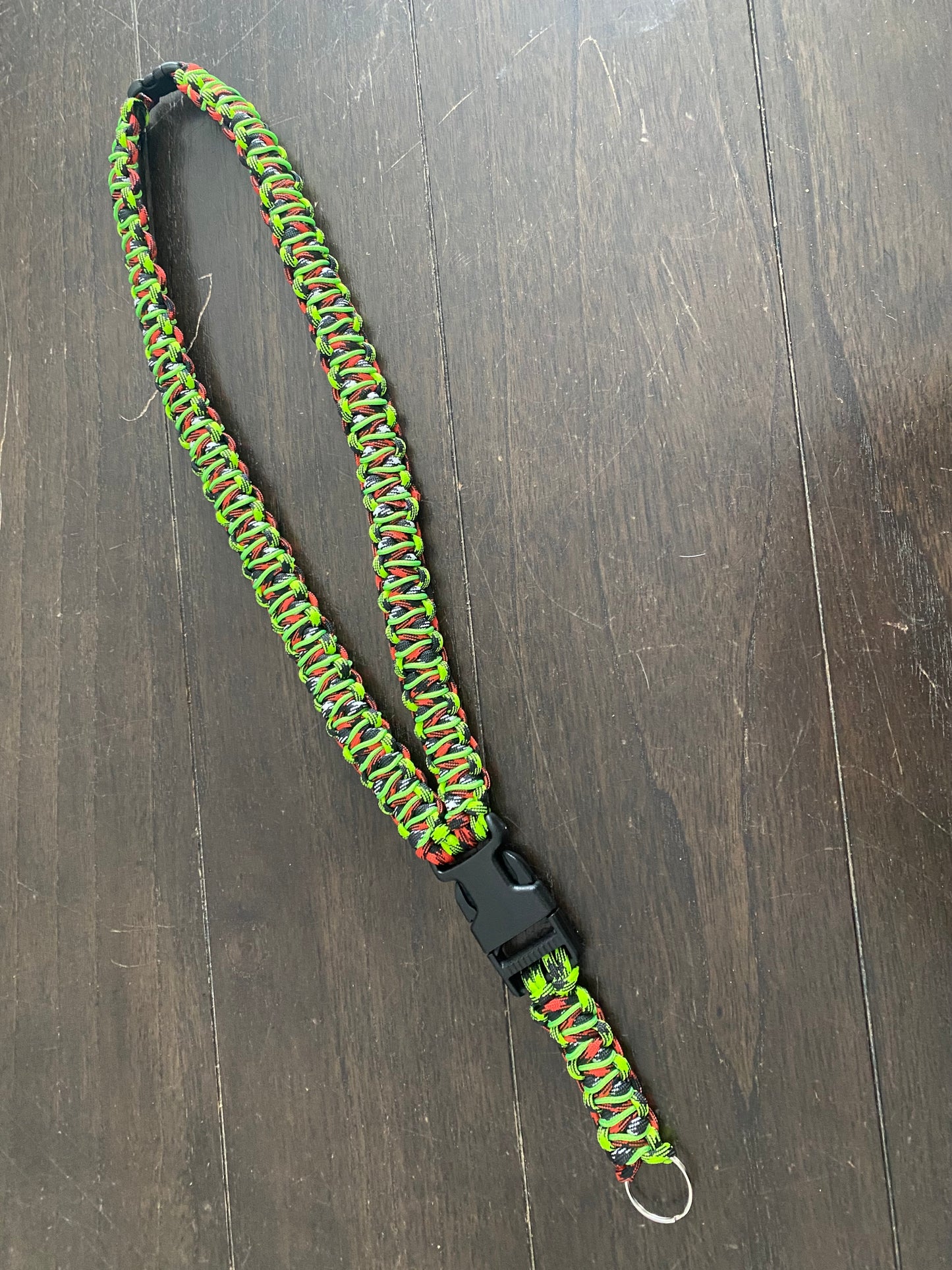 Premade Paracord Soloman's Dragon Lanyard, Red, Neon Green, Black, and White (glow-in-the-dark) Checkering