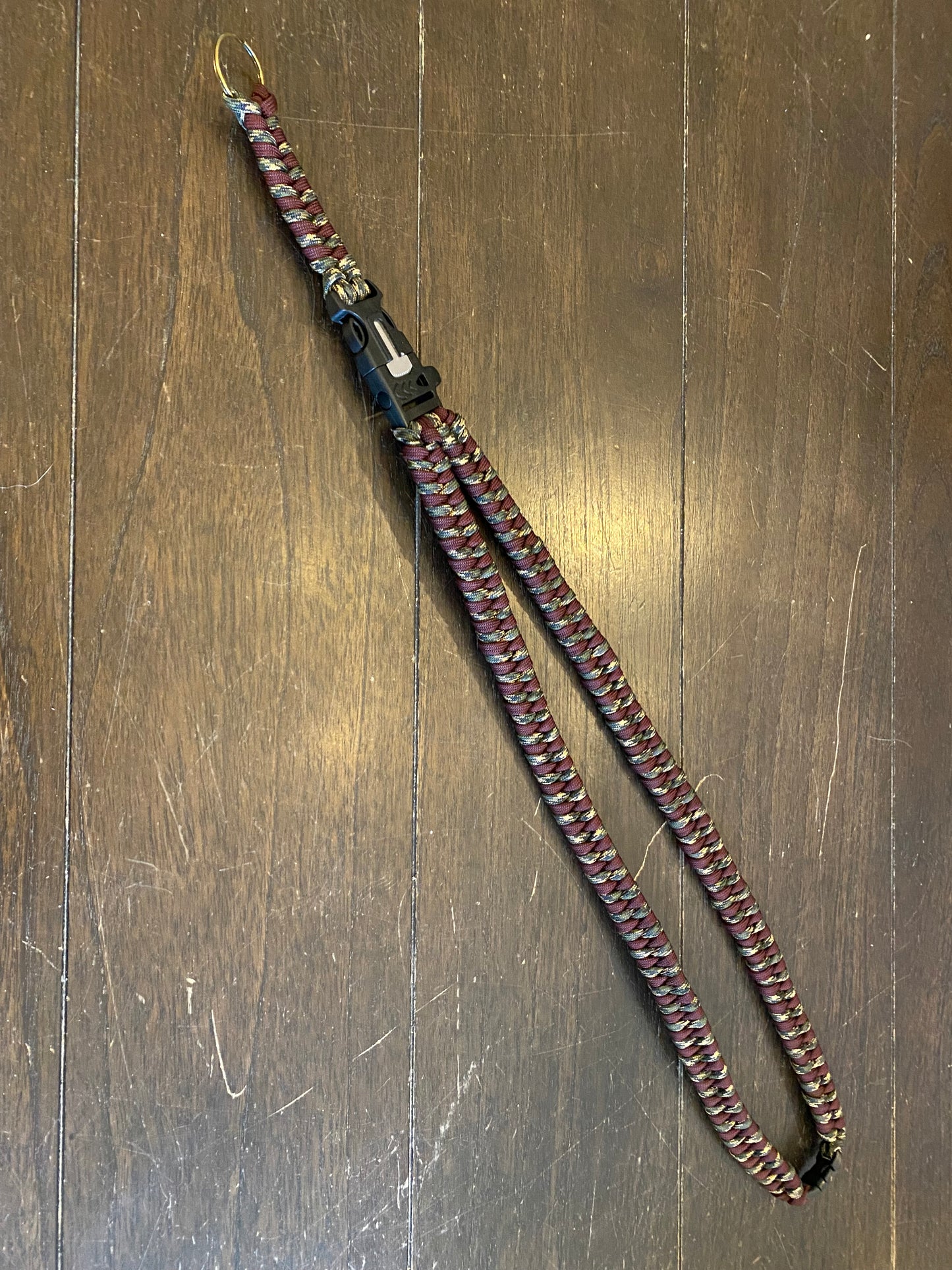 Premade Paracord Fishtail Lanyard, Forest Camo and Maroon with Keyring