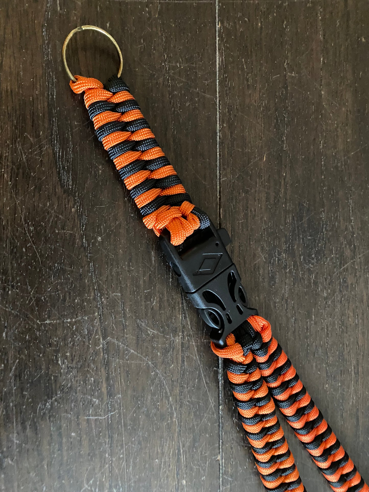 Premade Paracord Fishtail Lanyard, Orange and Black with Keyring