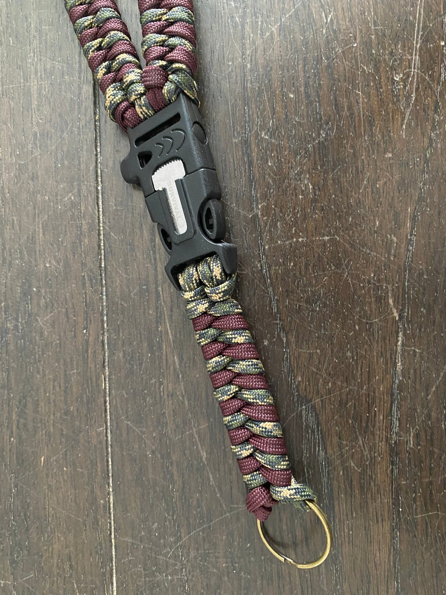 Premade Paracord Fishtail Lanyard, maroon and forest camo