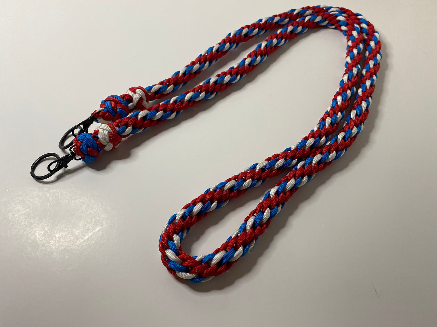 Premade Paracord Binocular Lanyard, Red, White, and Blue, Black Hardware, 63 Inches