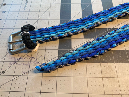 Premade Woven Paracord Belt, 1.25 inch Tarnished Silver Buckle, Blue Shades