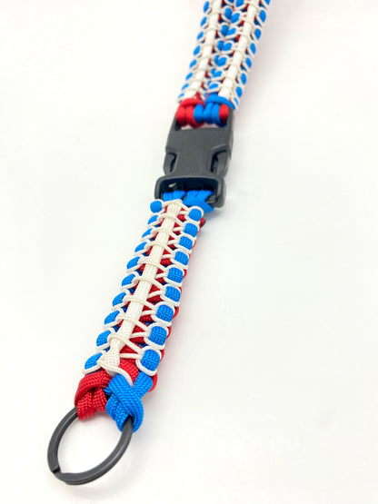 Premade Paracord Cobra Lanyard, Red, White, Blue, with Lanyard Buddy