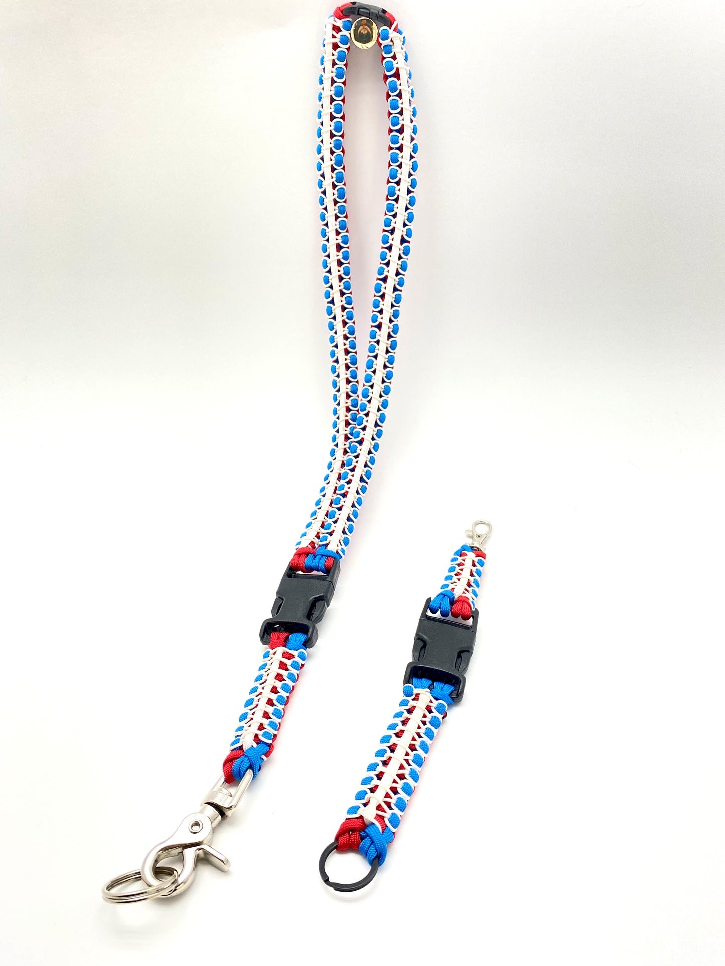 Premade Paracord Cobra Lanyard, Red, White, Blue, with Lanyard Buddy