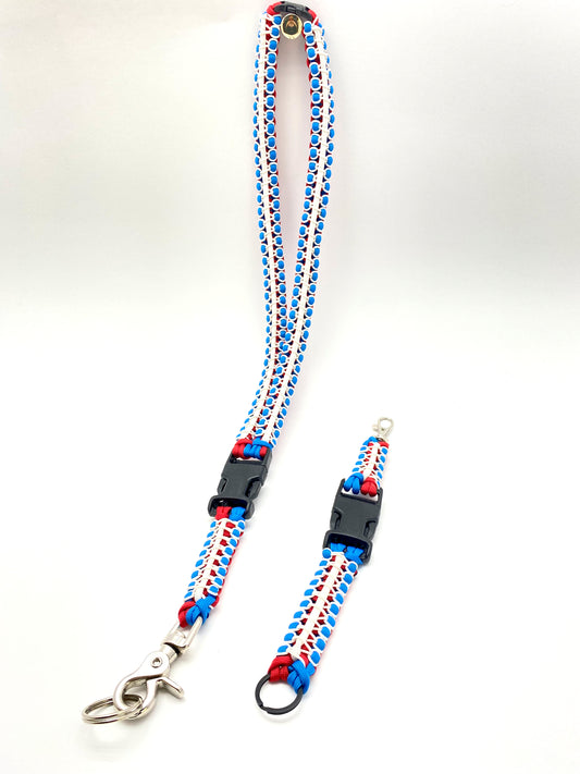 Premade Paracord Cobra Lanyard, Red, White, Blue, with Lanyard Buddy