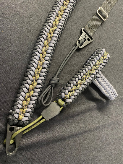 Premade Paracord No-Drill Rifle Sling, Modified Sanctified Weave, Adjustable, Gray, Black, Camo