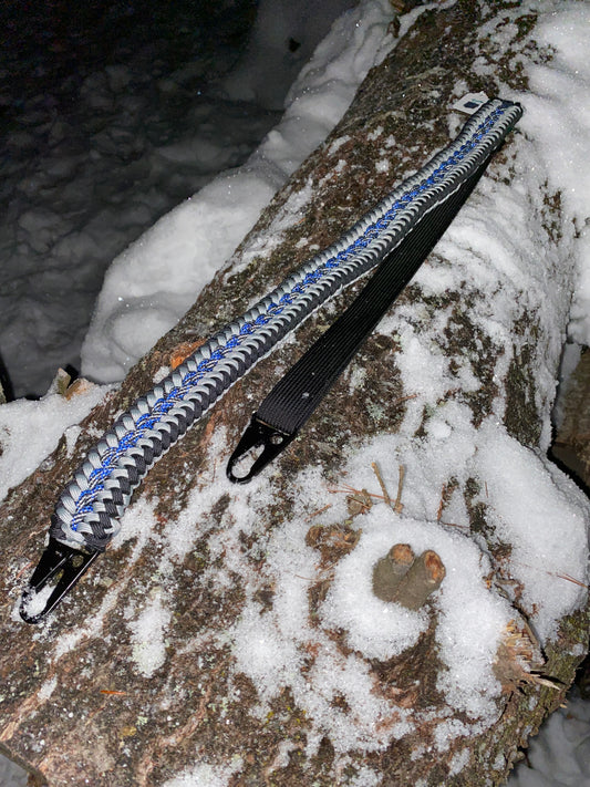 Premade Paracord Rifle Sling, Modified Sanctified, Adjustable, HK-style clips, Black, Grey, and Thin Blue Line