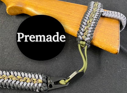 Premade Paracord No-Drill Rifle Sling, Modified Sanctified Weave, Adjustable, Gray, Black, Camo